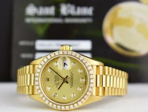 President Dress Watches | Dress Watches | Sant Blanc ROLEX Ladies 26mm 18kt Gold President Datejust Champagne Diamond Dial Diamond Bezel Model 69138