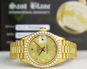President Dress Watches | Dress Watches | Sant Blanc ROLEX Ladies 26mm 18kt Gold President Datejust Champagne Diamond Dial Diamond Bezel Model 69138