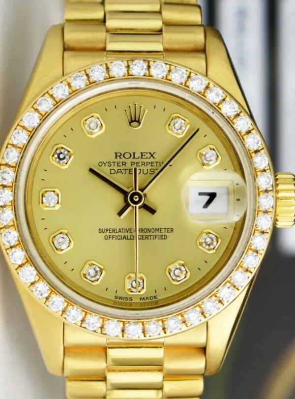 President Dress Watches | Dress Watches | Sant Blanc ROLEX Ladies 26mm 18kt Gold President Datejust Champagne Diamond Dial Diamond Bezel Model 69138