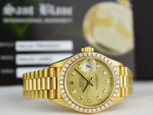 President Dress Watches | Dress Watches | Sant Blanc ROLEX Ladies 26mm 18kt Gold President Datejust Champagne Diamond Dial Diamond Bezel Model 69138