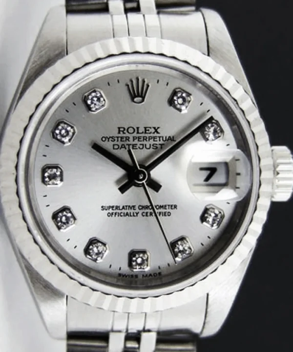 Dress Watches | Sant Blanc ROLEX Ladies 26mm 18kt White Gold & Stainless DateJust Silver Diamond Dial Model 69174