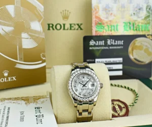 The Masterpiece | Ladies Watches | Sant Blanc ROLEX Ladies 29mm 18kt White Gold Pearlmaster Masterpiece White MOP Diamond Dial Model 80299