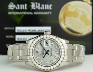 The Masterpiece | Ladies Watches | Sant Blanc ROLEX Ladies 29mm 18kt White Gold Pearlmaster Masterpiece White MOP Diamond Dial Model 80299