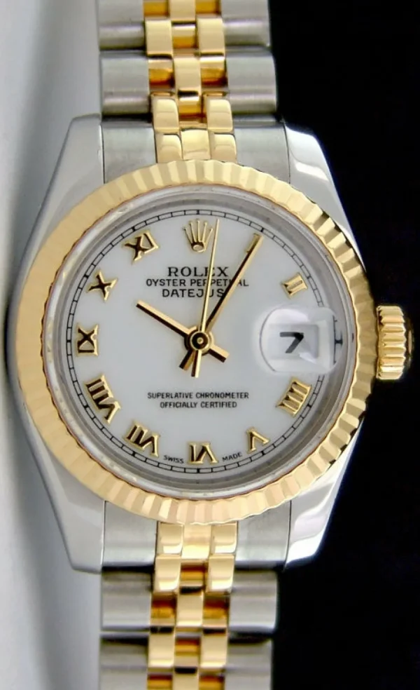 Ladies Watches | Dress Watches | Sant Blanc ROLEX Ladies 26mm 18kt Yellow Gold & Stainless Datejust White Roman Model 179173