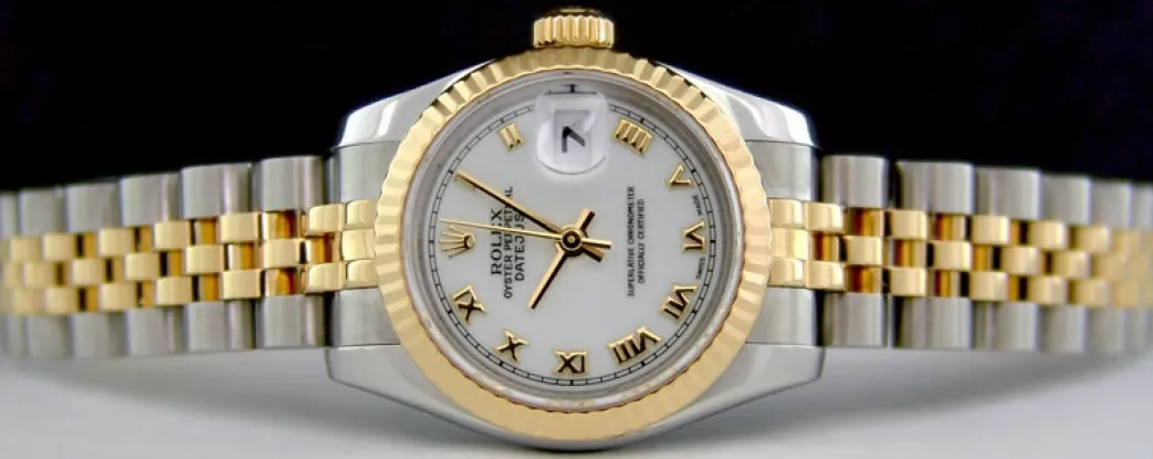 rolex_ladies_mm_kt_yellow_1.webp Ladies Watches | Dress Watches | Sant Blanc ROLEX Ladies 26mm 18kt Yellow Gold & Stainless Datejust White Roman Model 179173