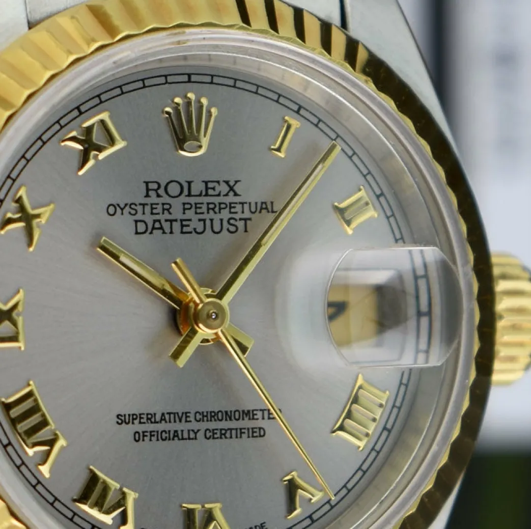 rolex_ladies_mm_kt_yellow_10.webp Ladies Watches | Dress Watches | Sant Blanc ROLEX Ladies 26mm 18kt Yellow Gold & Stainless Steel DateJust Silver Roman Dial Model 69173