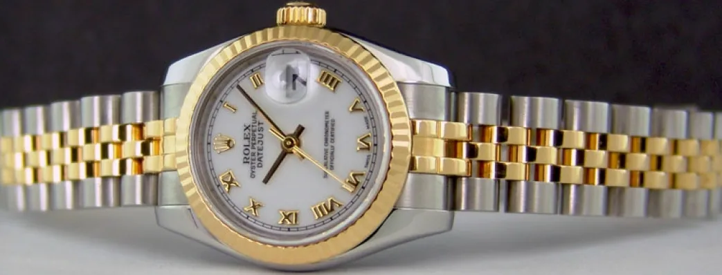 rolex_ladies_mm_kt_yellow_3.webp Ladies Watches | Dress Watches | Sant Blanc ROLEX Ladies 26mm 18kt Yellow Gold & Stainless Datejust White Roman Model 179173