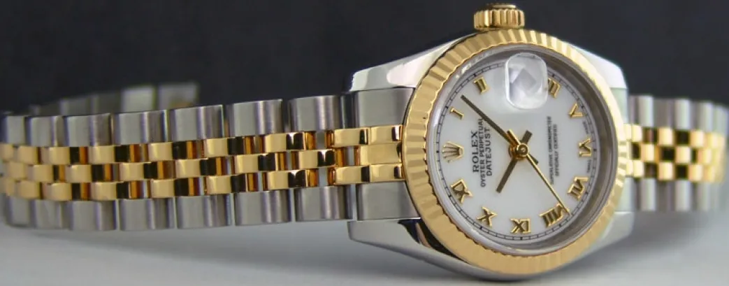 rolex_ladies_mm_kt_yellow_4.webp Ladies Watches | Dress Watches | Sant Blanc ROLEX Ladies 26mm 18kt Yellow Gold & Stainless Datejust White Roman Model 179173