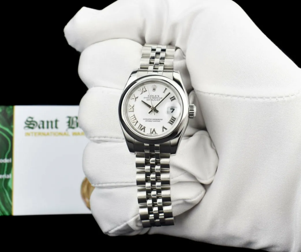 rolex_ladies_mm_stainless_1.webp Dress Watches | Sant Blanc ROLEX Ladies 26mm Stainless Steel DateJust White Bold Roman Jubilee Band 179160