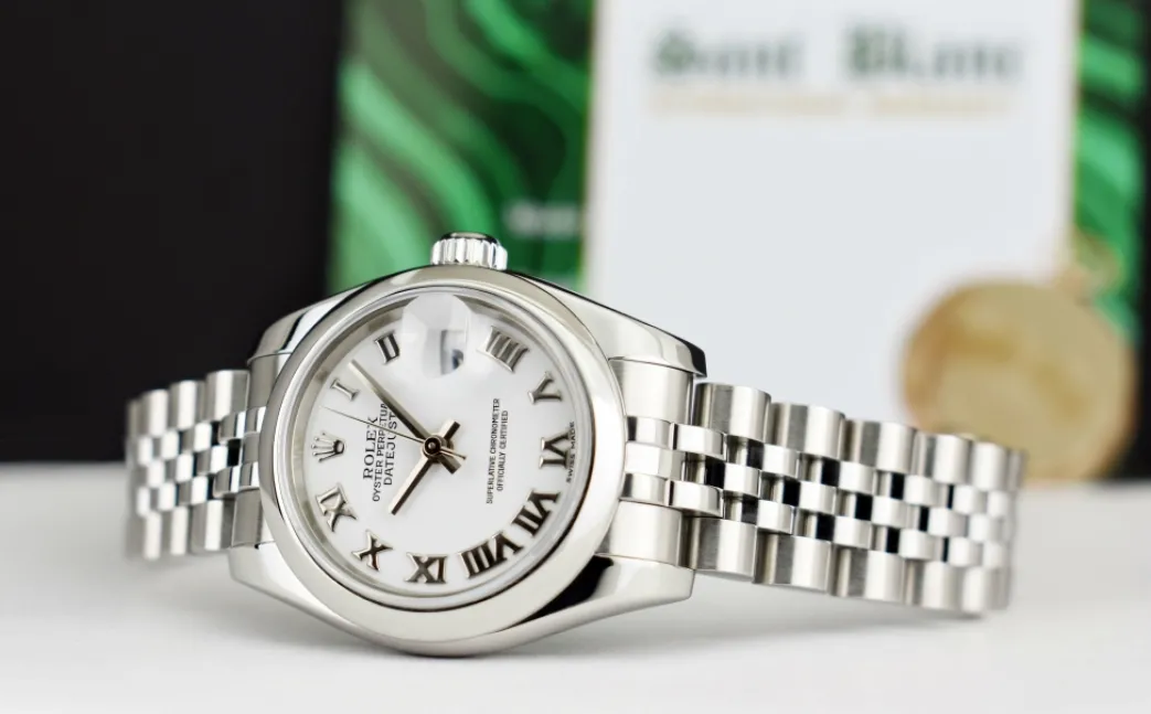 rolex_ladies_mm_stainless_3.webp Dress Watches | Sant Blanc ROLEX Ladies 26mm Stainless Steel DateJust White Bold Roman Jubilee Band 179160