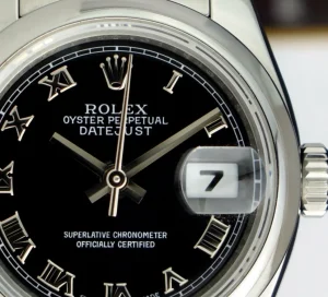 Ladies Watches | Dress Watches | Sant Blanc ROLEX Ladies 26mm Stainless Steel DateJust Black Roman Dial Oyster Band Model 179160