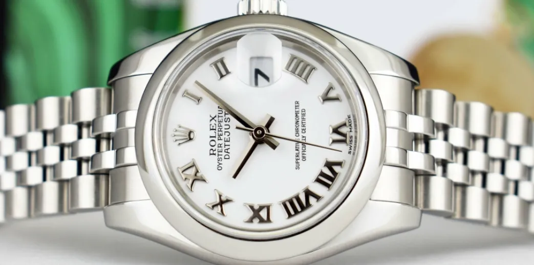 rolex_ladies_mm_stainless_7.webp Dress Watches | Sant Blanc ROLEX Ladies 26mm Stainless Steel DateJust White Bold Roman Jubilee Band 179160