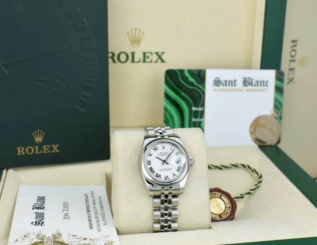 rolex_ladies_mm_stainless_9.webp Dress Watches | Sant Blanc ROLEX Ladies 26mm Stainless Steel DateJust White Bold Roman Jubilee Band 179160