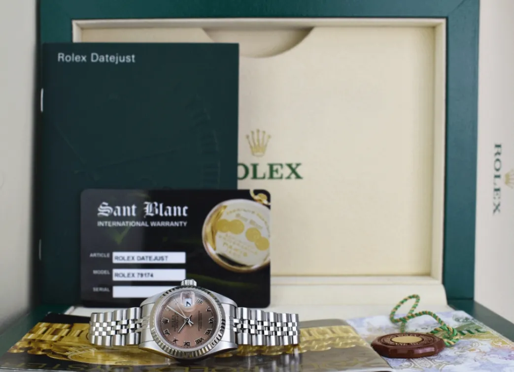 rolex_ladies_mm_white_gol_0.webp Dress Watches | Ladies Watches | Sant Blanc ROLEX Ladies 26mm White Gold & Stainless Steel DateJust Rose Roman Dial Model 79174