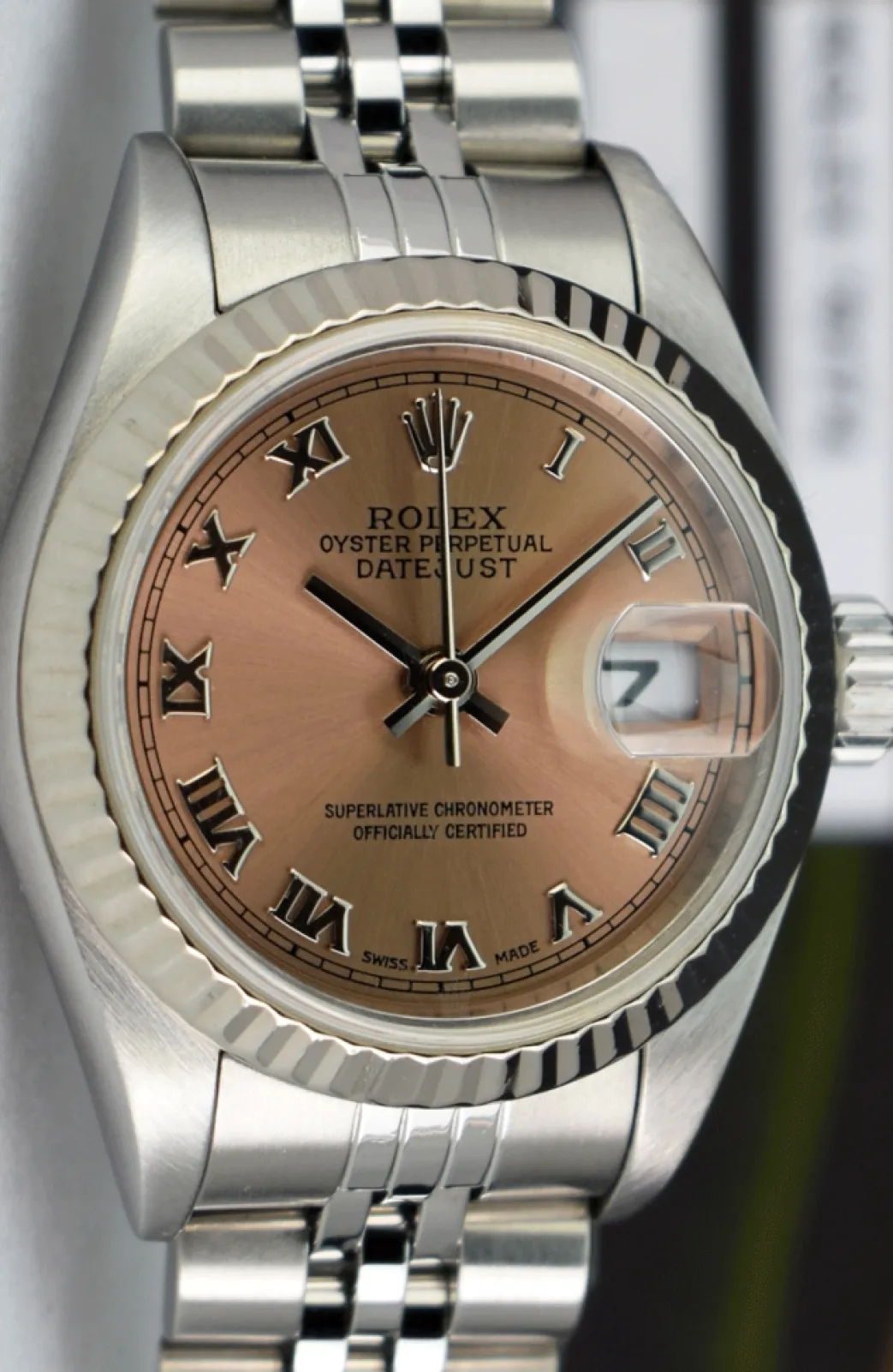 rolex_ladies_mm_white_gol_1.webp Dress Watches | Ladies Watches | Sant Blanc ROLEX Ladies 26mm White Gold & Stainless Steel DateJust Rose Roman Dial Model 79174