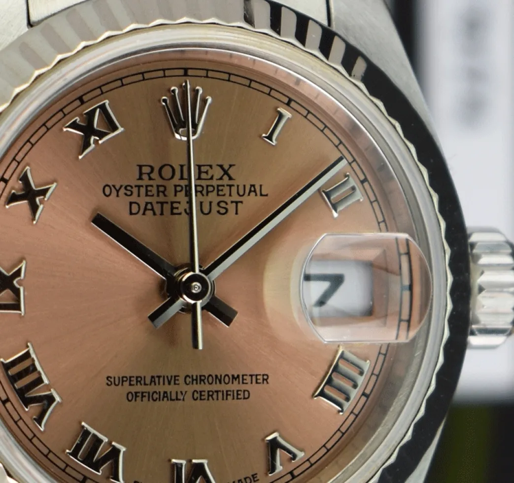 rolex_ladies_mm_white_gol_4.webp Dress Watches | Ladies Watches | Sant Blanc ROLEX Ladies 26mm White Gold & Stainless Steel DateJust Rose Roman Dial Model 79174