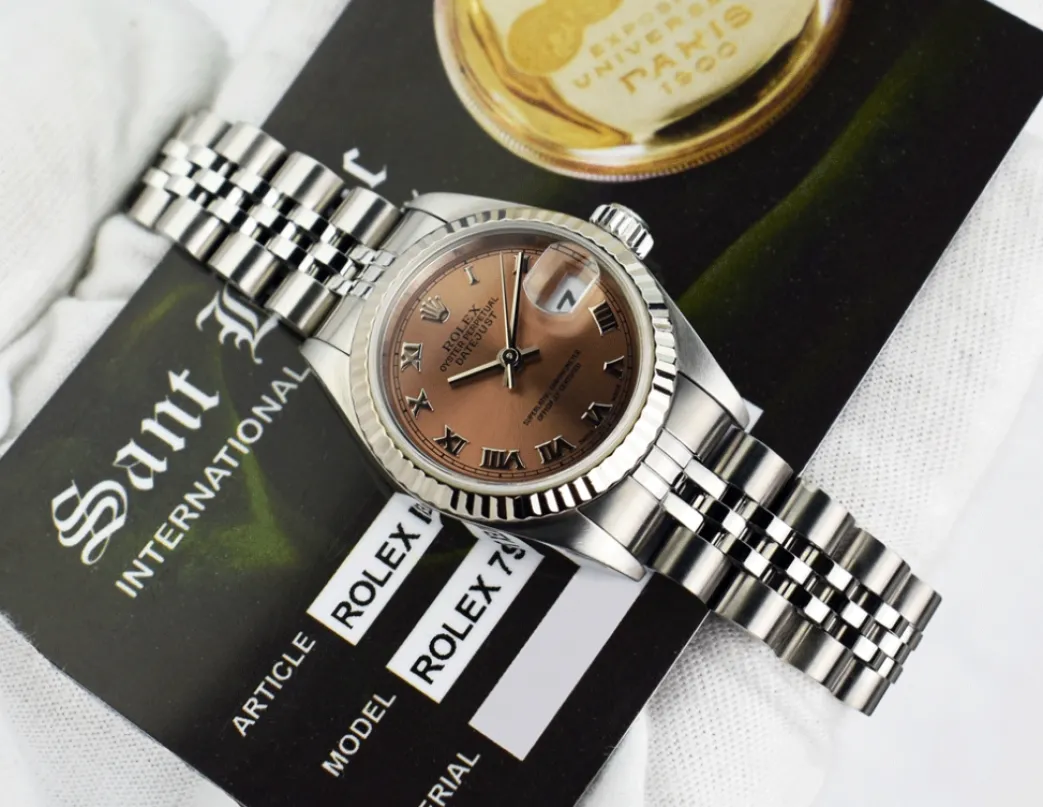 rolex_ladies_mm_white_gol_5.webp Dress Watches | Ladies Watches | Sant Blanc ROLEX Ladies 26mm White Gold & Stainless Steel DateJust Rose Roman Dial Model 79174