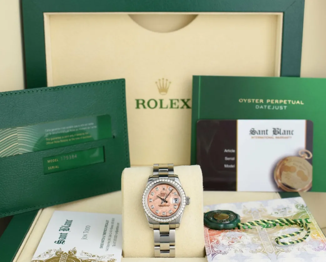 rolex_ladies_white_gold___0-4.webp Ladies Watches | President Dress Watches | Sant Blanc ROLEX LADIES White Gold & Stainless Steel Pink CRYSTAL Diamond Dial Model 179384