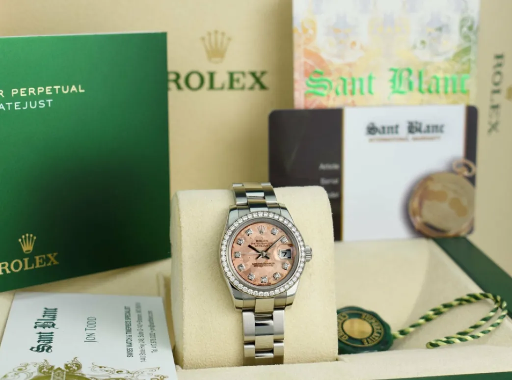 rolex_ladies_white_gold___2-4.webp Ladies Watches | President Dress Watches | Sant Blanc ROLEX LADIES White Gold & Stainless Steel Pink CRYSTAL Diamond Dial Model 179384