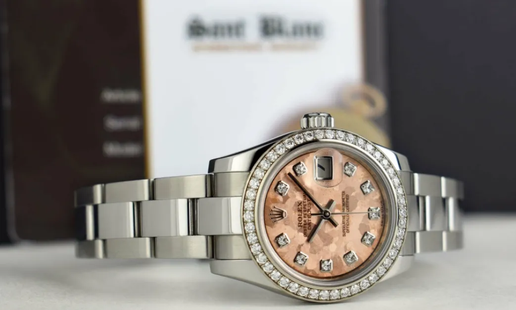 rolex_ladies_white_gold___5-4.webp Ladies Watches | President Dress Watches | Sant Blanc ROLEX LADIES White Gold & Stainless Steel Pink CRYSTAL Diamond Dial Model 179384