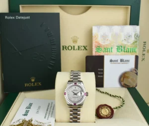Ladies Watches | Dress Watches | Sant Blanc ROLEX Ladies White Gold President MOP Goldust Dial Diamond & Ruby Bezel Model 179179