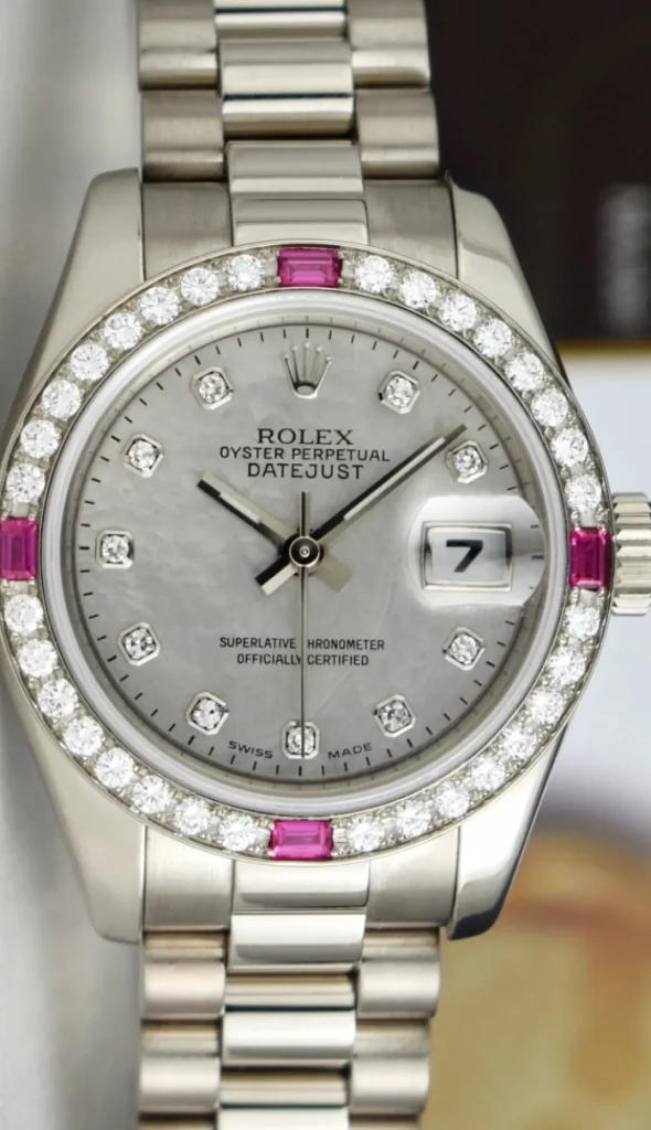 Ladies Watches | Dress Watches | Sant Blanc ROLEX Ladies White Gold President Mother of Pearl Dial Diamond Ruby Bezel Model 179179