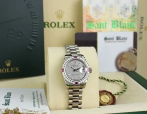 Ladies Watches | Dress Watches | Sant Blanc ROLEX Ladies White Gold President MOP Goldust Dial Diamond & Ruby Bezel Model 179179
