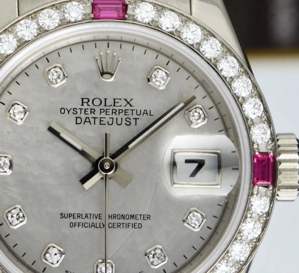 rolex_ladies_white_gold_p_5-1.webp Ladies Watches | Dress Watches | Sant Blanc ROLEX Ladies White Gold President Mother of Pearl Dial Diamond Ruby Bezel Model 179179