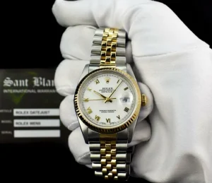 Men's Watches | Dress Watches | Sant Blanc ROLEX Mens 18kt Gold & Stainless Steel DateJust White Roman Box & Books Model 16233