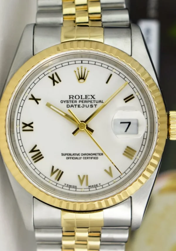 Men's Watches | Dress Watches | Sant Blanc ROLEX Mens 18kt Gold & Stainless Steel DateJust White Roman Box & Books Model 16233