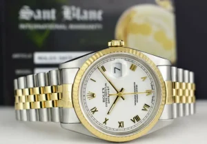 Men's Watches | Dress Watches | Sant Blanc ROLEX Mens 18kt Gold & Stainless Steel DateJust White Roman Box & Books Model 16233
