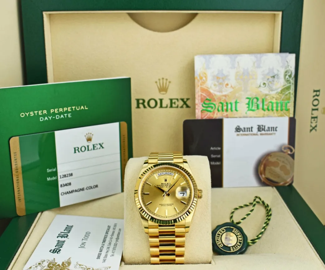 rolex_mens_kt_gold_day_da_0.webp Men's Watches | President Dress Watches | Sant Blanc ROLEX Mens 18kt Gold Day Date 36 President Champagne Stick Dial Model 128238
