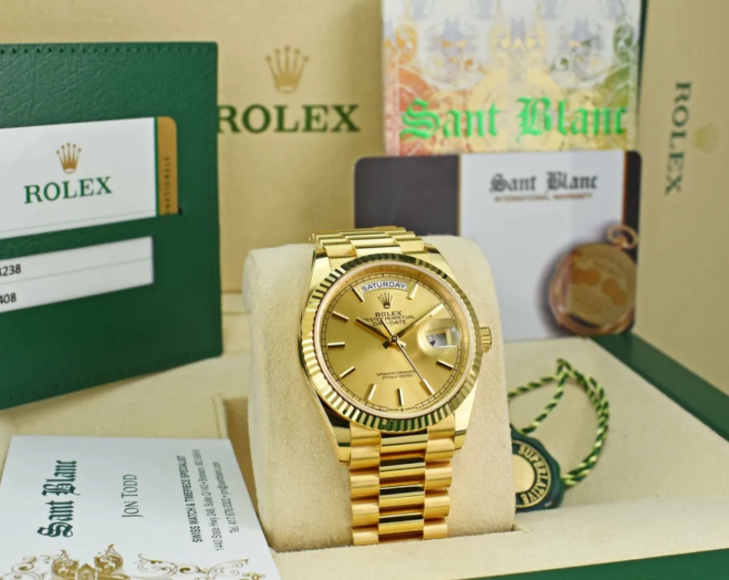 rolex_mens_kt_gold_day_da_1.webp Men's Watches | President Dress Watches | Sant Blanc ROLEX Mens 18kt Gold Day Date 36 President Champagne Stick Dial Model 128238