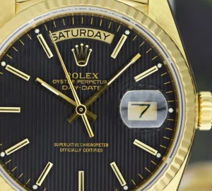 Men's Watches | President Dress Watches | Sant Blanc ROLEX Mens 18kt Gold Day Date President Black Tapestry Stick Dial Model 18038