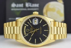 Men's Watches | President Dress Watches | Sant Blanc ROLEX Mens 18kt Gold Day Date President Black Tapestry Stick Dial Model 18038