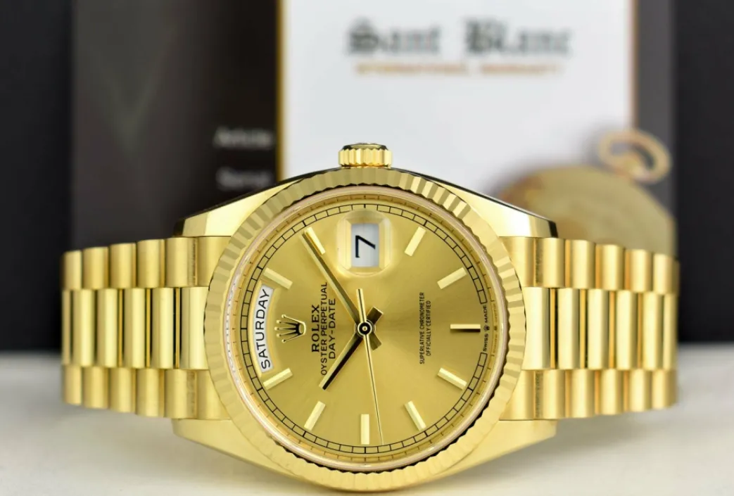 rolex_mens_kt_gold_day_da_2.webp Men's Watches | President Dress Watches | Sant Blanc ROLEX Mens 18kt Gold Day Date 36 President Champagne Stick Dial Model 128238