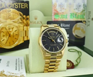 Men's Watches | President Dress Watches | Sant Blanc ROLEX Mens 18kt Gold Day Date President Black Tapestry Stick Dial Model 18038