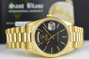 Men's Watches | President Dress Watches | Sant Blanc ROLEX Mens 18kt Gold Day Date President Black Tapestry Stick Dial Model 18038