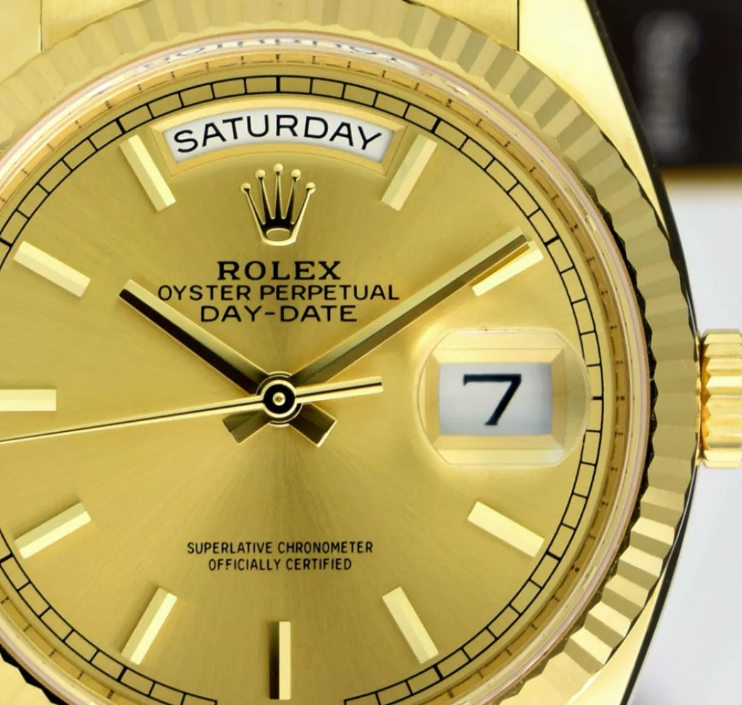 rolex_mens_kt_gold_day_da_7.webp Men's Watches | President Dress Watches | Sant Blanc ROLEX Mens 18kt Gold Day Date 36 President Champagne Stick Dial Model 128238