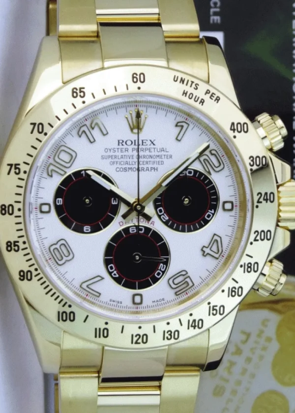 Men's Watches | Racing Professional Watches | Sant Blanc ROLEX Mens 18kt Gold Daytona White Panda Arabic Dial Fat Buckle Model 116528
