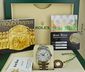 President Dress Watches | Sant Blanc ROLEX Mens 18kt White Gold DayDate President Silver Diamond Dial Model 118239
