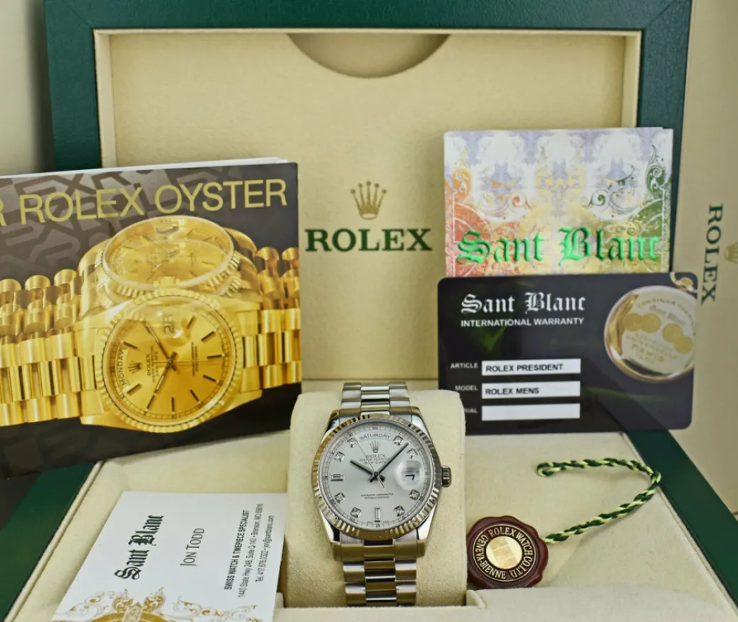 rolex_mens_kt_white_gold__0-2.webp President Dress Watches | Sant Blanc ROLEX Mens 18kt White Gold DayDate President Silver Diamond Dial Model 118239