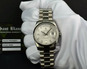 President Dress Watches | Sant Blanc ROLEX Mens 18kt White Gold DayDate President Silver Diamond Dial Model 118239