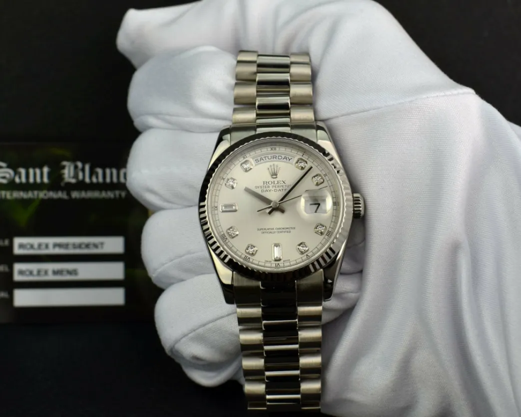 rolex_mens_kt_white_gold__1-2.webp President Dress Watches | Sant Blanc ROLEX Mens 18kt White Gold DayDate President Silver Diamond Dial Model 118239