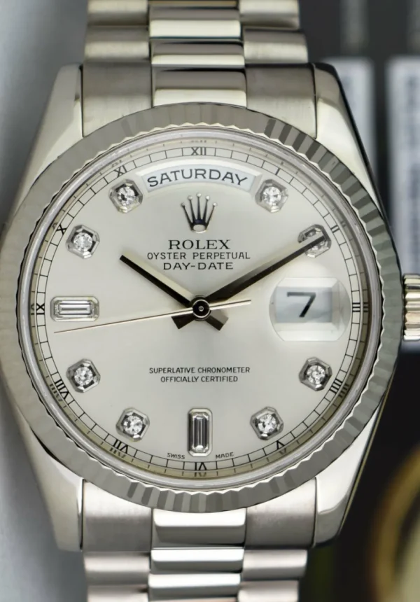 President Dress Watches | Sant Blanc ROLEX Mens 18kt White Gold DayDate President Silver Diamond Dial Model 118239