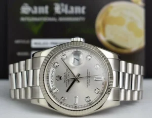 President Dress Watches | Sant Blanc ROLEX Mens 18kt White Gold DayDate President Silver Diamond Dial Model 118239