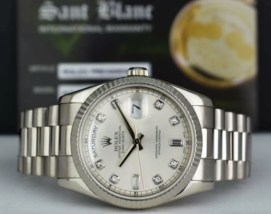 rolex_mens_kt_white_gold__2-2.webp President Dress Watches | Sant Blanc ROLEX Mens 18kt White Gold DayDate President Silver Diamond Dial Model 118239