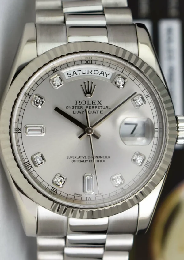 President Dress Watches | Sant Blanc ROLEX Mens 18kt White Gold DayDate President Silver Diamond Dial Model 118239