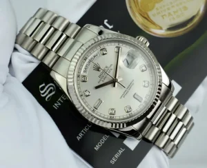 President Dress Watches | Sant Blanc ROLEX Mens 18kt White Gold DayDate President Silver Diamond Dial Model 118239