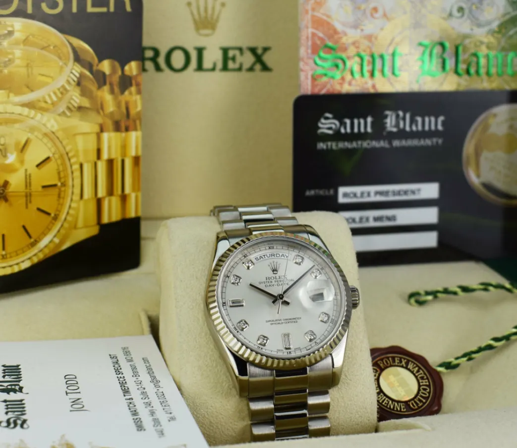 rolex_mens_kt_white_gold__5-2.webp President Dress Watches | Sant Blanc ROLEX Mens 18kt White Gold DayDate President Silver Diamond Dial Model 118239